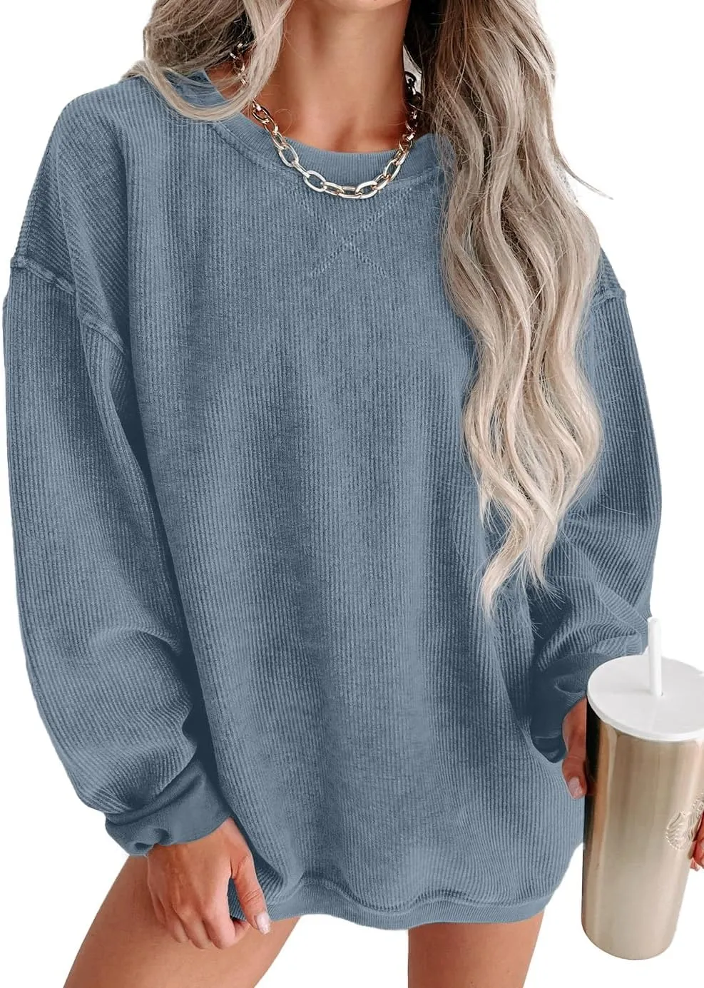 Womens Sweatshirts Casual Cored Corduroy Pullover Tops Oversized Long Sleeve Crewneck Shirts