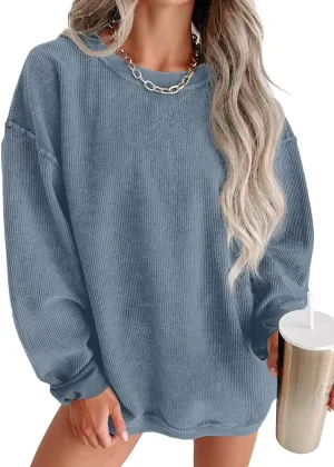 Womens Sweatshirts Casual Cored Corduroy Pullover Tops Oversized Long Sleeve Crewneck Shirts