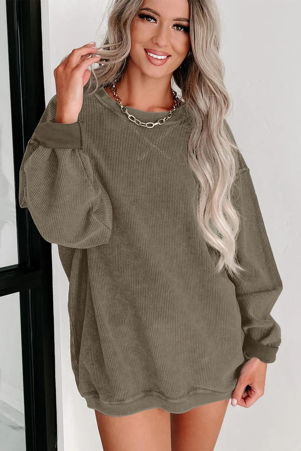 Womens Sweatshirts Casual Cored Corduroy Pullover Tops Oversized Long Sleeve Crewneck Shirts