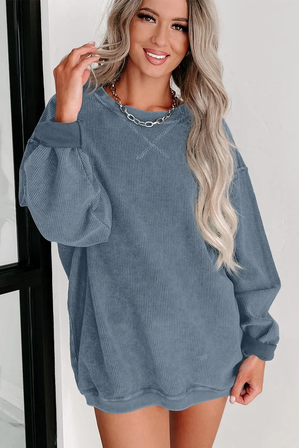 Womens Sweatshirts Casual Cored Corduroy Pullover Tops Oversized Long Sleeve Crewneck Shirts