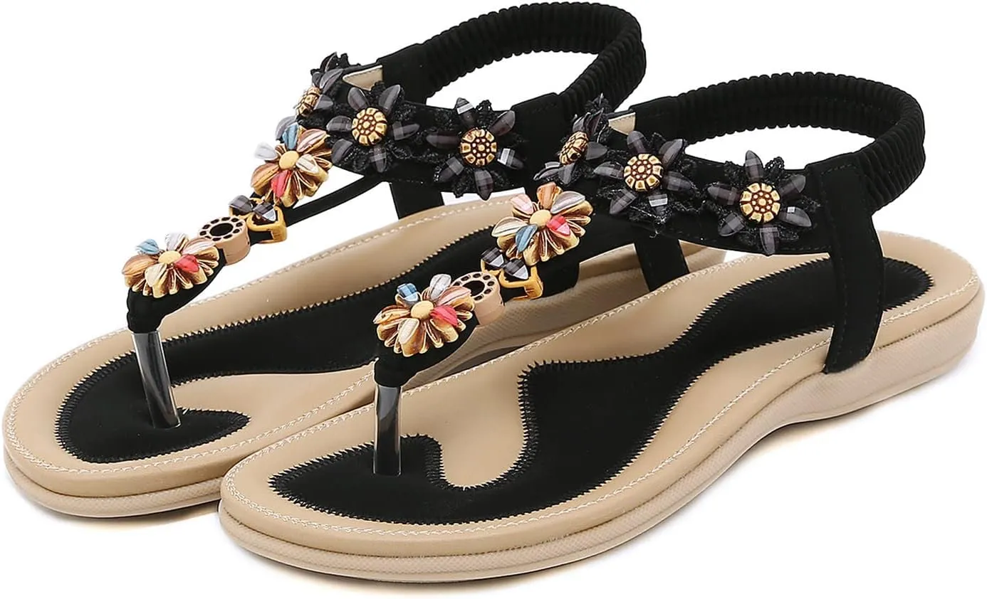 Womens Thong Sandal Bohemia Flowers Party Dress Shoes Elastic Ankle Strap Slip On Casual Beach Wedges Sandal