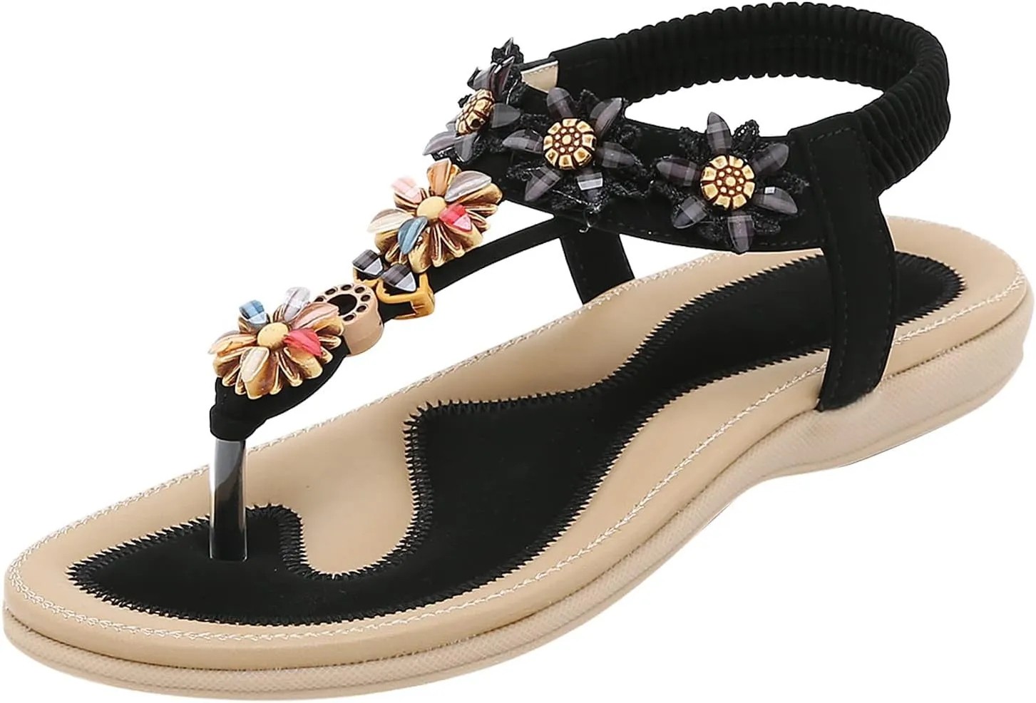 Womens Thong Sandal Bohemia Flowers Party Dress Shoes Elastic Ankle Strap Slip On Casual Beach Wedges Sandal