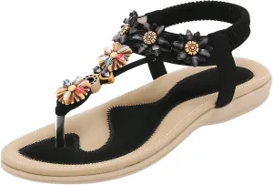 Womens Thong Sandal Bohemia Flowers Party Dress Shoes Elastic Ankle Strap Slip On Casual Beach Wedges Sandal