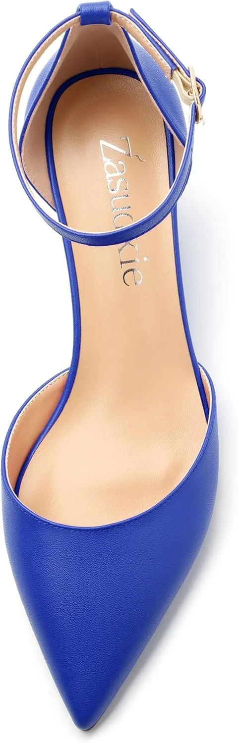 Womens Wedge Pumps, Pointed Toe Low Heel Wedges with Ankle Strap for Evening Party Dress Casual 2 Inch