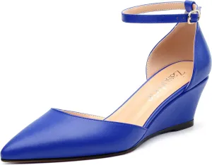 Womens Wedge Pumps, Pointed Toe Low Heel Wedges with Ankle Strap for Evening Party Dress Casual 2 Inch