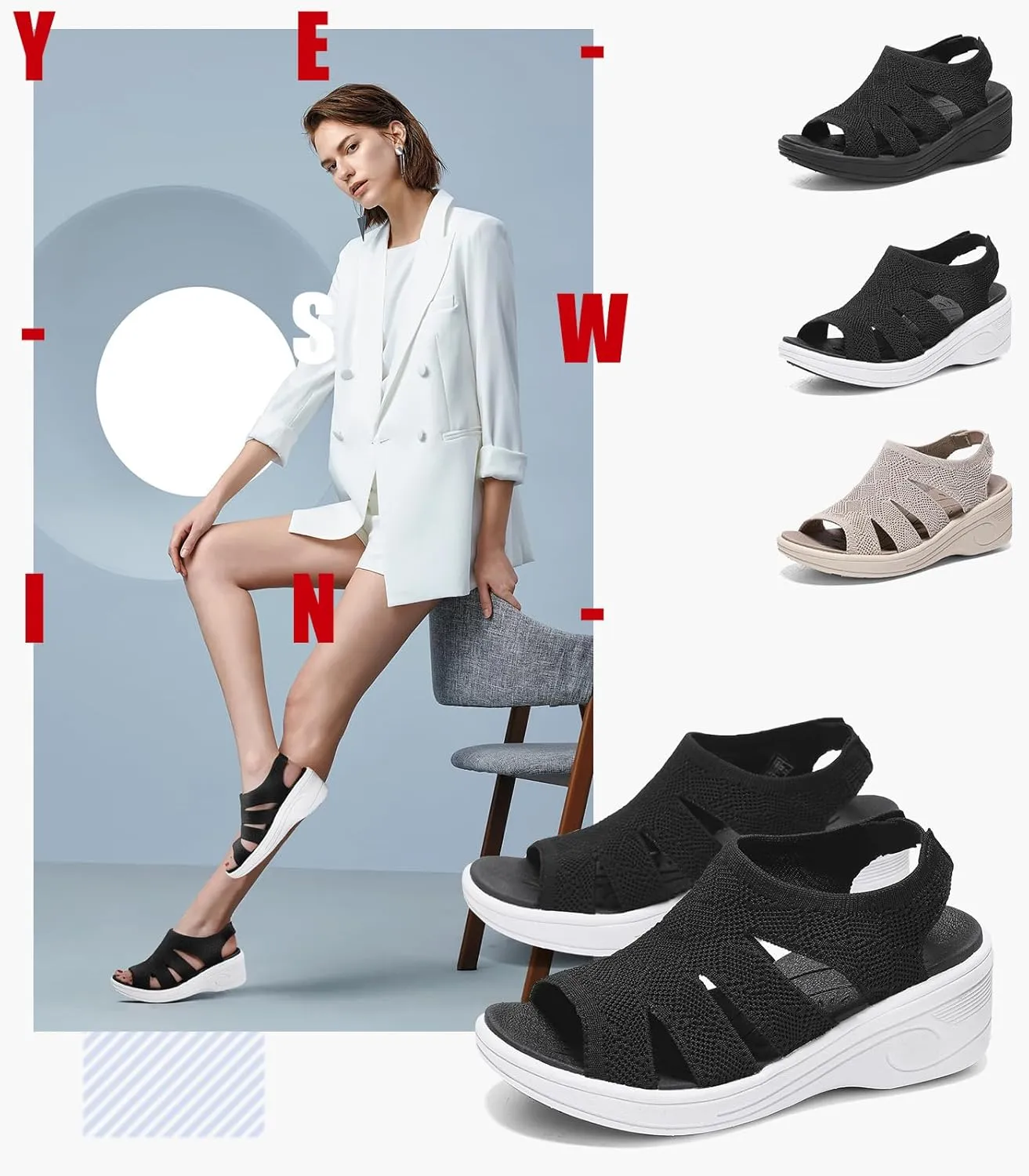 Womens Wedge Sandals Platform Walking Sandals Open Toe Ankle Elastic Strap Casual Comfortable Summer Dressy