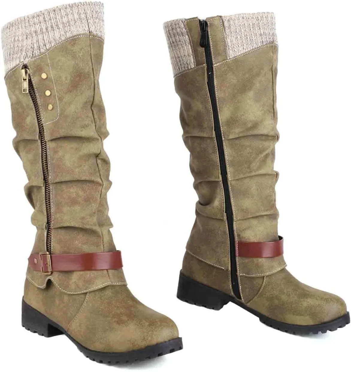 Women's Winter Side Zipper Color Blocking Knitting Wool Low Heel Medium Boots Snip Toe Boots