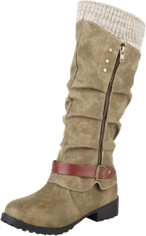 Women's Winter Side Zipper Color Blocking Knitting Wool Low Heel Medium Boots Snip Toe Boots