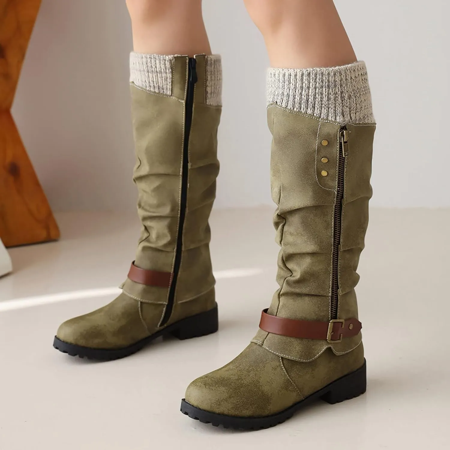 Women's Winter Side Zipper Color Blocking Knitting Wool Low Heel Medium Boots Snip Toe Boots