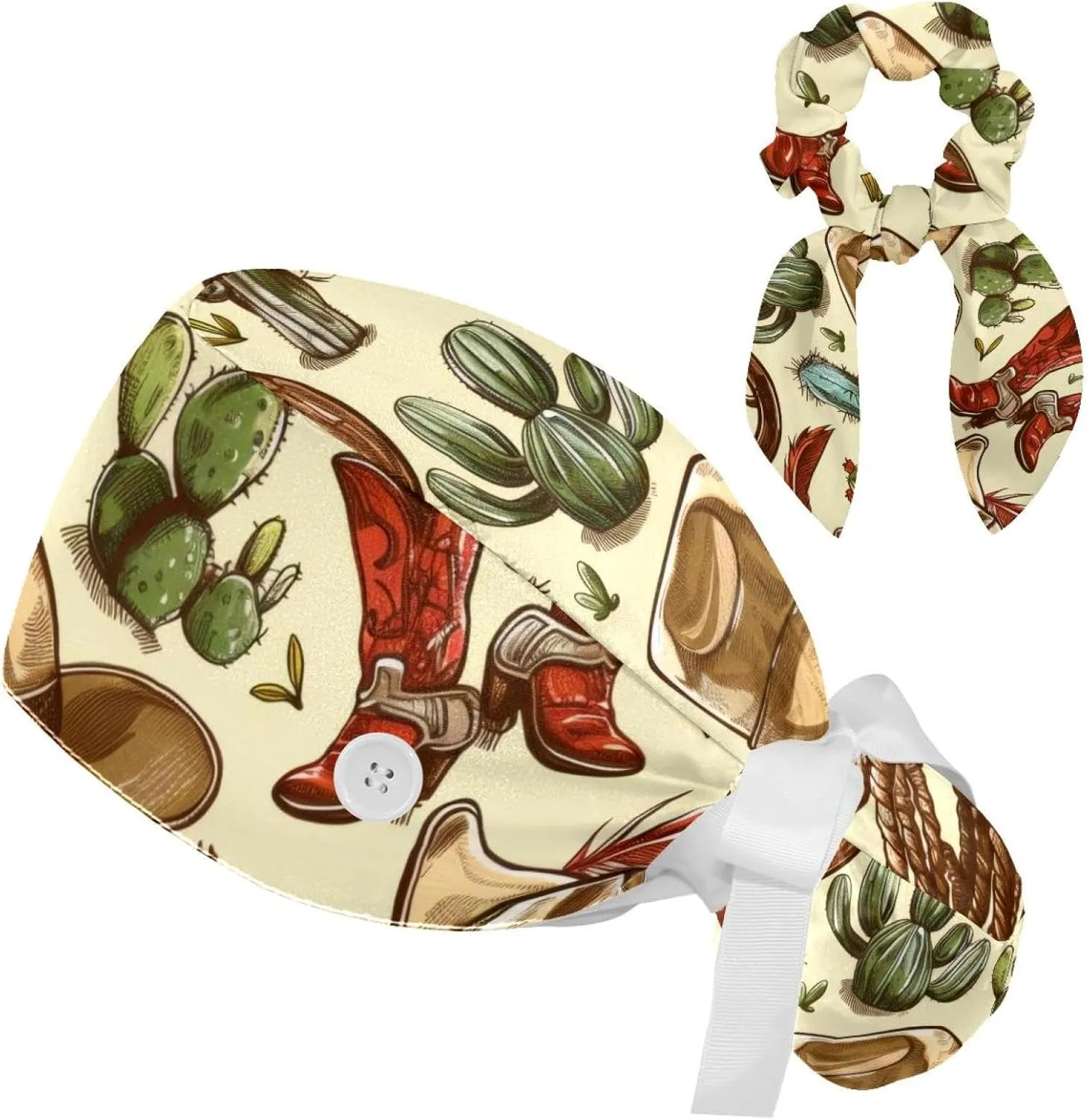 Women’s Working Caps with Button Cactus Snake Horse Western Cowboy Boots and Hat Long Hair Cover Ribbon Lace-Up Scrub Cap Multicolor