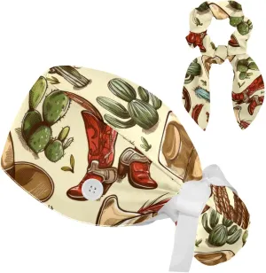 Women’s Working Caps with Button Cactus Snake Horse Western Cowboy Boots and Hat Long Hair Cover Ribbon Lace-Up Scrub Cap Multicolor
