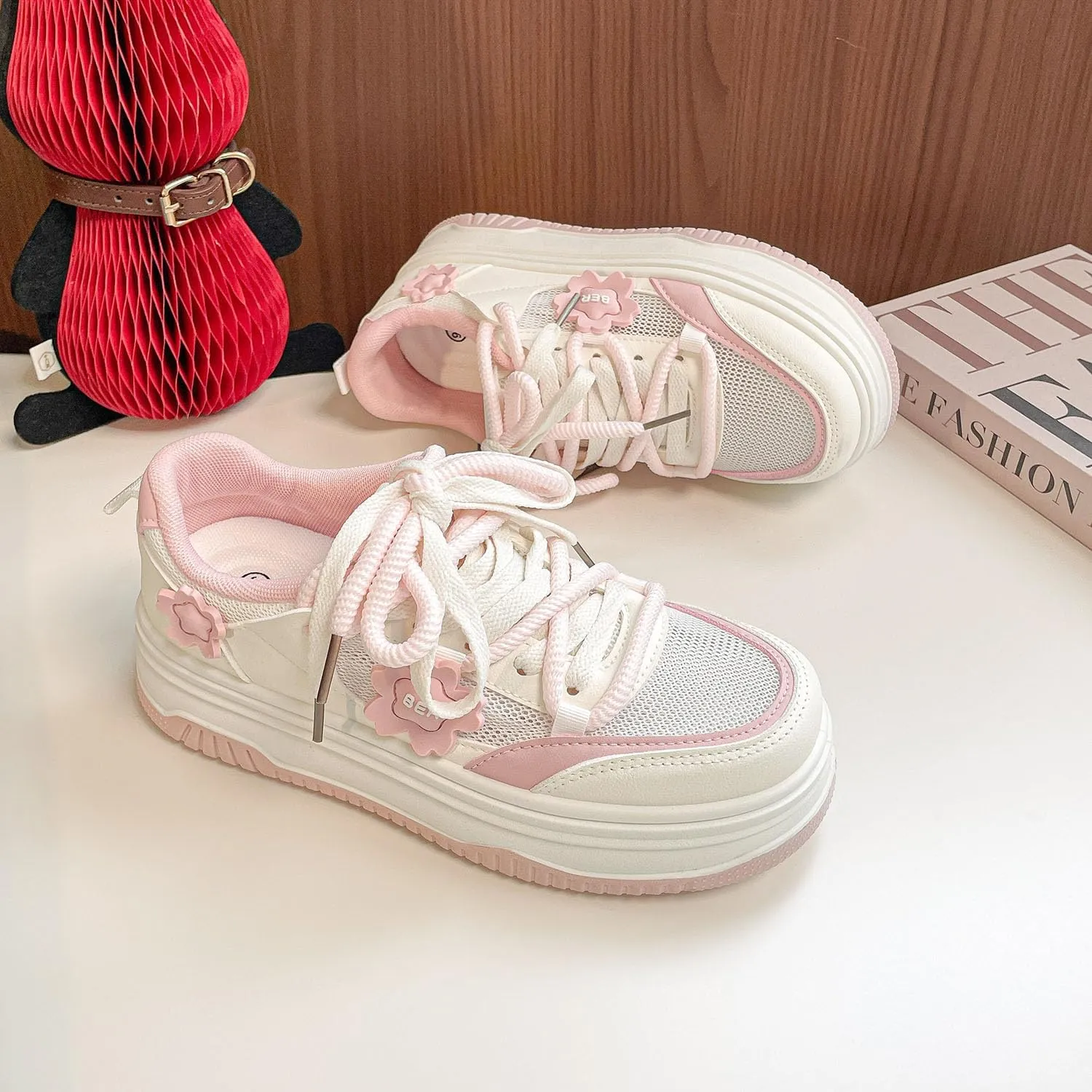 Womens Y2K Breathable Mesh Platform Sneakers College Girls Cute Fashion Campus Lightweight Walking Shoes