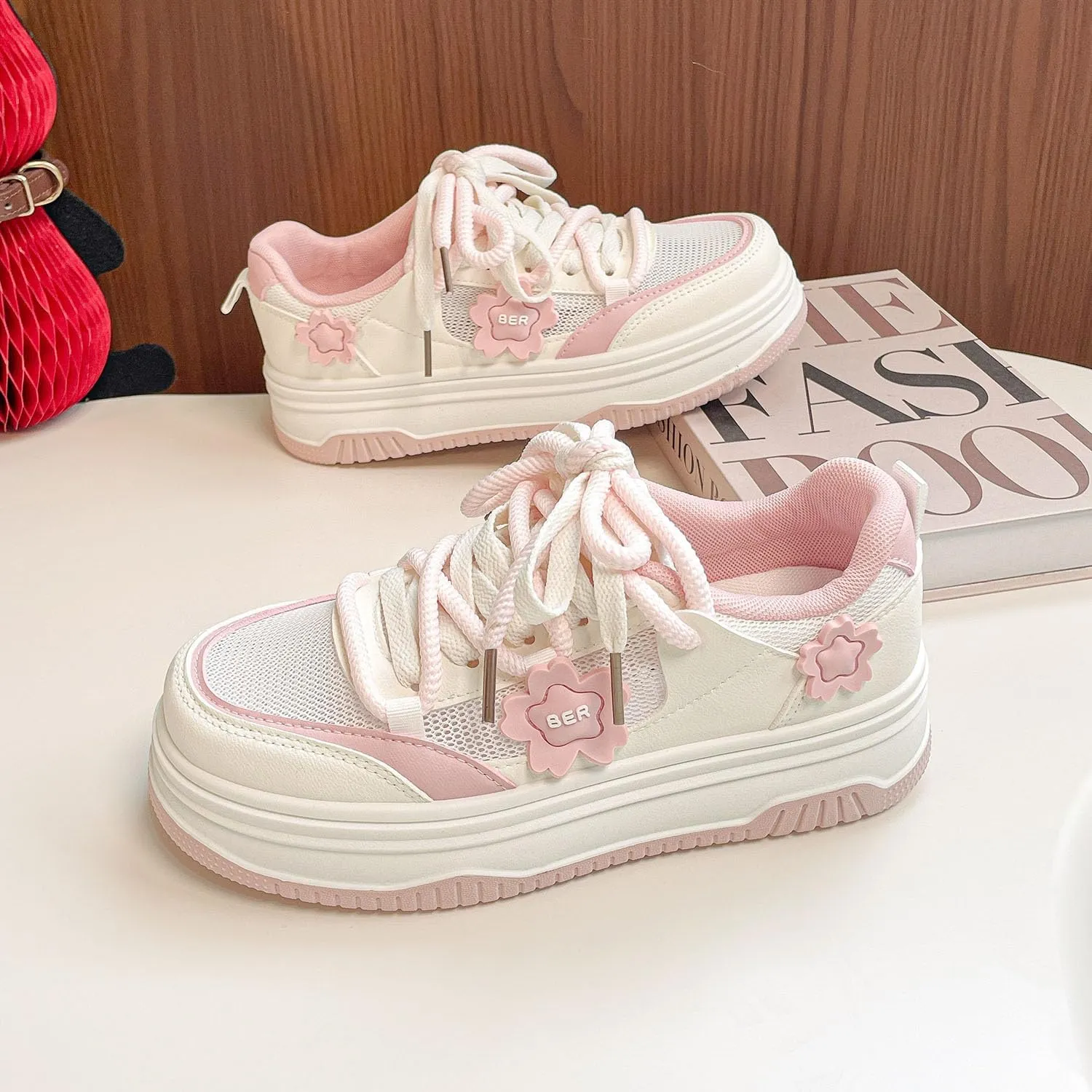 Womens Y2K Breathable Mesh Platform Sneakers College Girls Cute Fashion Campus Lightweight Walking Shoes