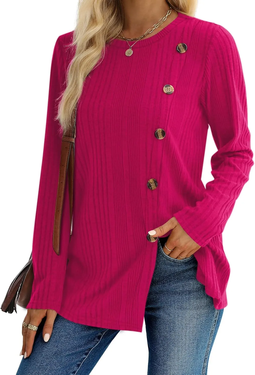 XIEERDUO Long Sleeve Tops for Women Tunics Buttons Front Slit