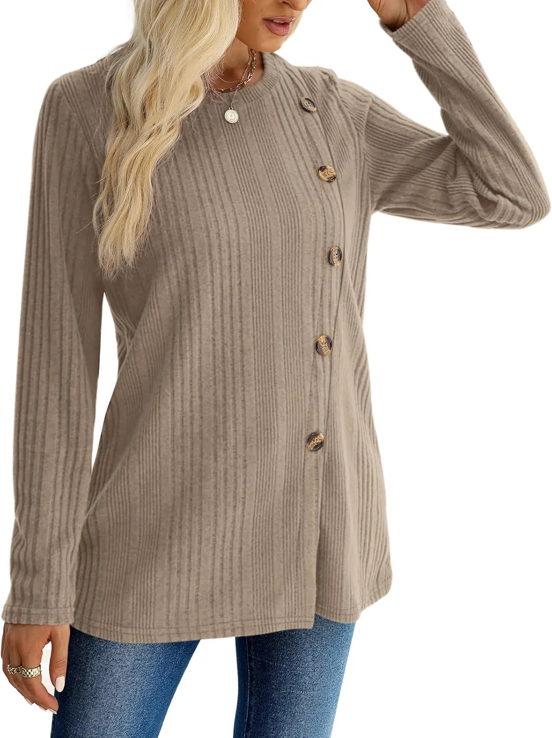 XIEERDUO Long Sleeve Tops for Women Tunics Buttons Front Slit