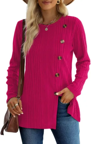 XIEERDUO Long Sleeve Tops for Women Tunics Buttons Front Slit