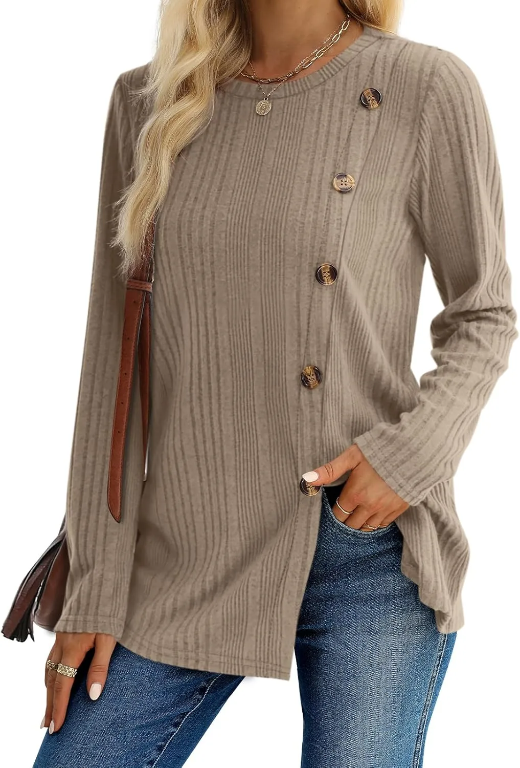 XIEERDUO Long Sleeve Tops for Women Tunics Buttons Front Slit