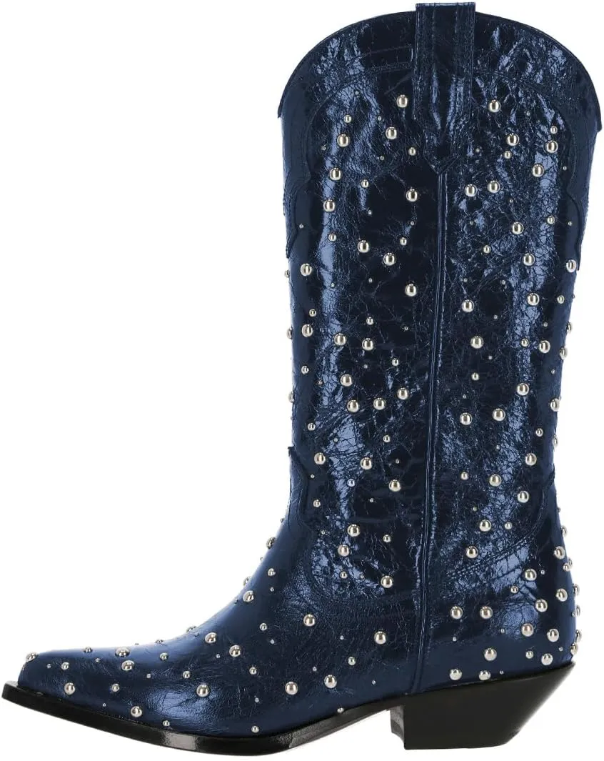 XYD Women's Cowboy Cowgirl Booties Shoes Mid Calf Pointed Toe Studded Stacked Low Heel Western Boots for Party Dress