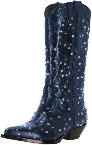 XYD Women's Cowboy Cowgirl Booties Shoes Mid Calf Pointed Toe Studded Stacked Low Heel Western Boots for Party Dress