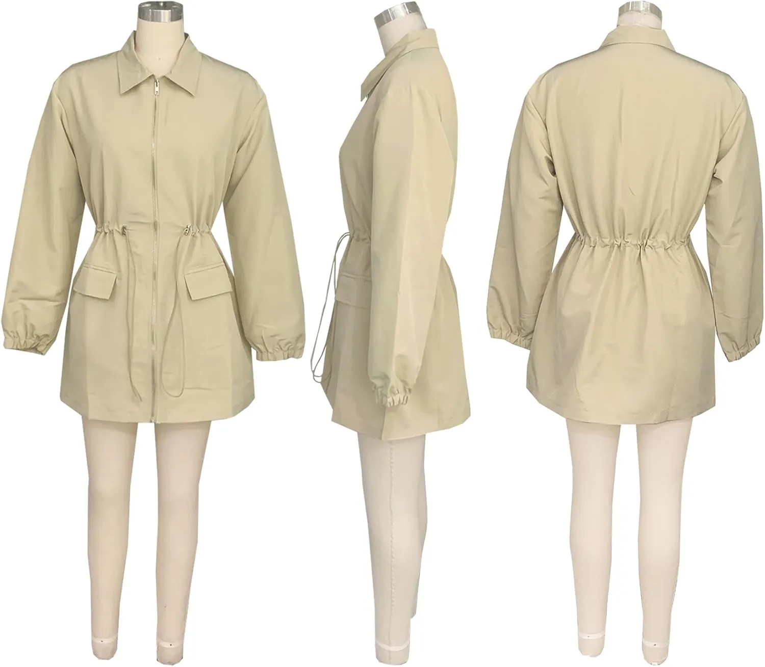XZLUFNY Casual Safari Dress for Women Long Sleeve Zipper Drawstring Cargo Dresses