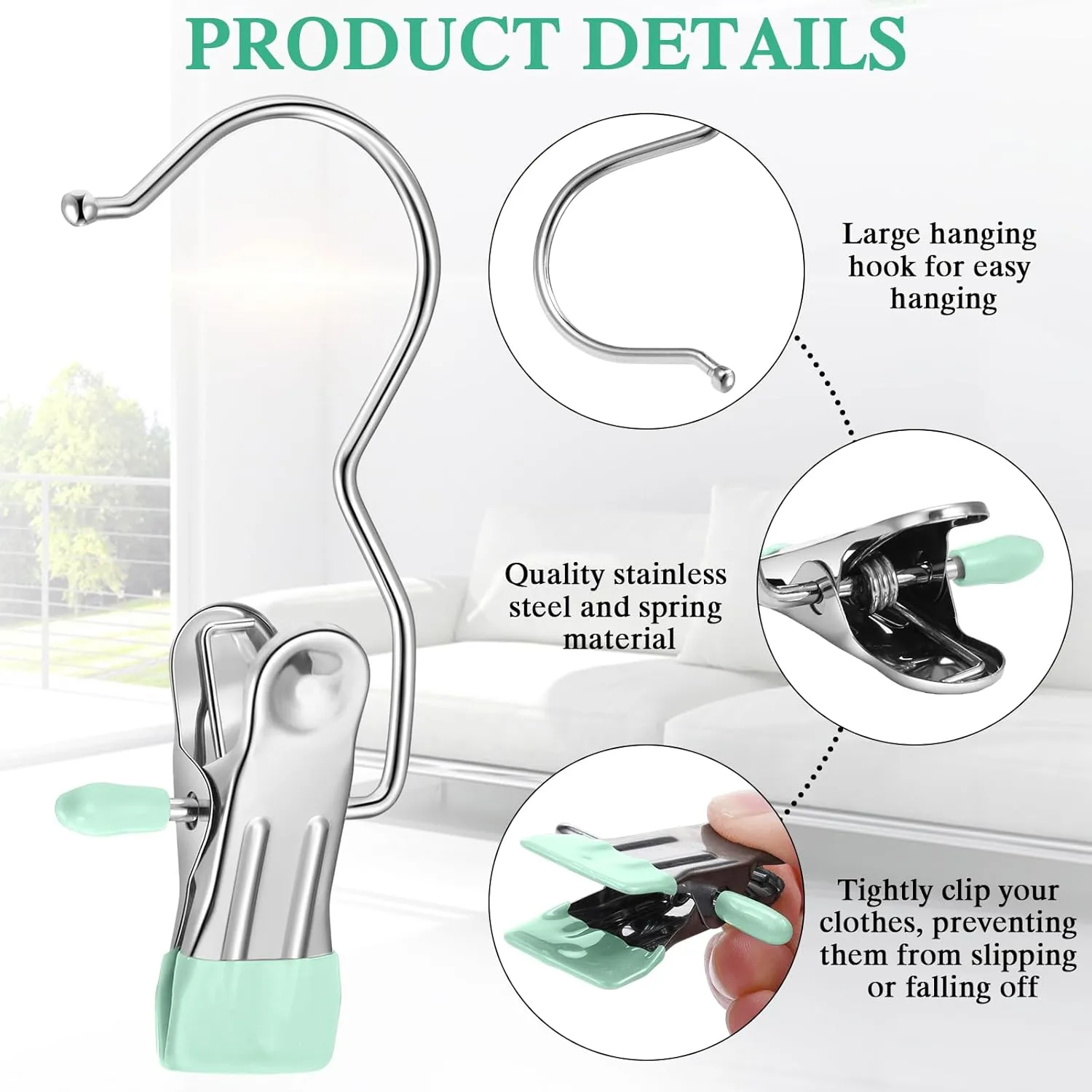Yinder 150 Pcs Boot Hangers Clips Laundry Hooks Hanging Stainless Steel Clothes Pins Portable Clip Hangers for Closet Travel Socks Pants Handbags Hats Towels (Light Green)