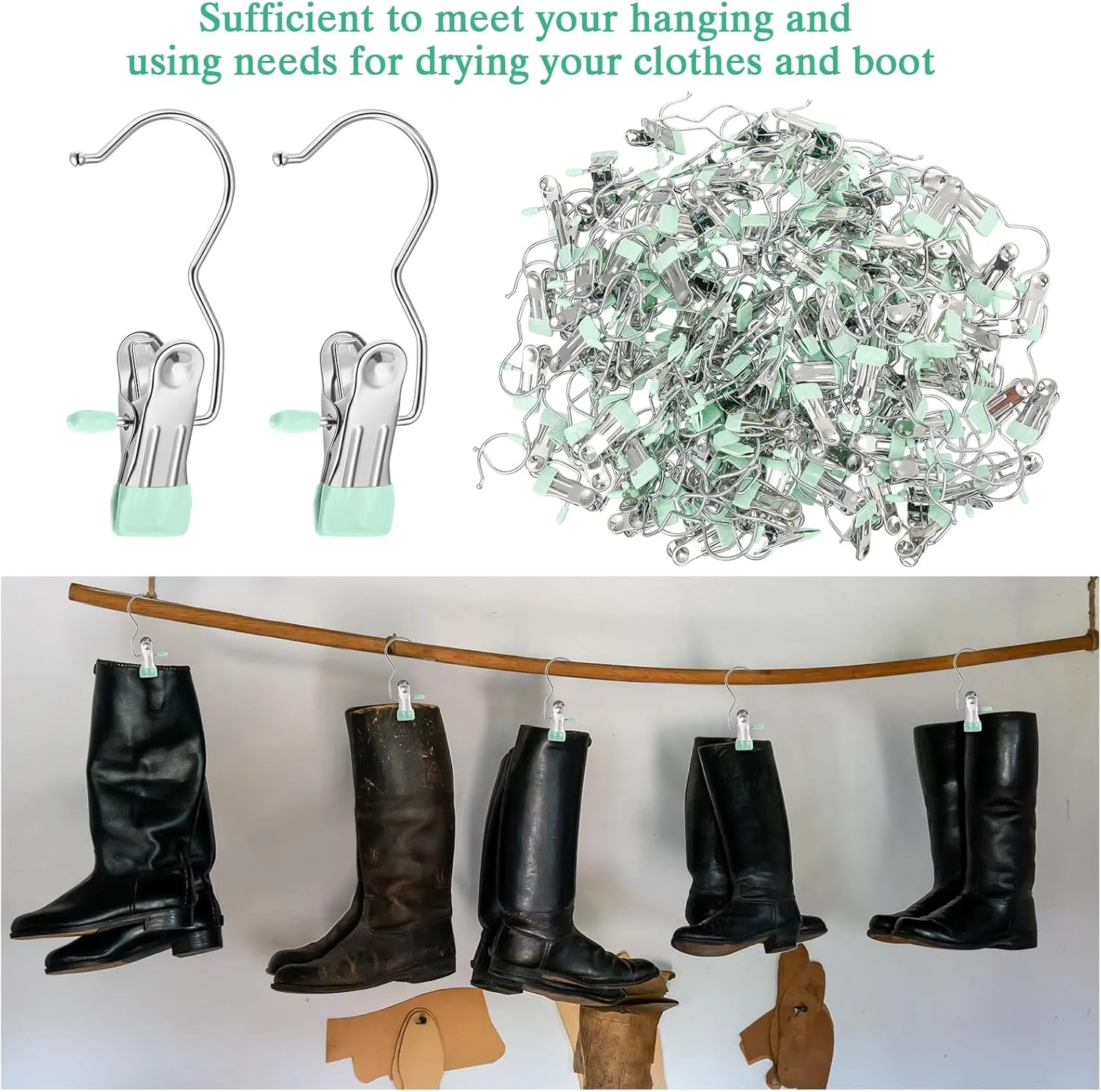 Yinder 150 Pcs Boot Hangers Clips Laundry Hooks Hanging Stainless Steel Clothes Pins Portable Clip Hangers for Closet Travel Socks Pants Handbags Hats Towels (Light Green)
