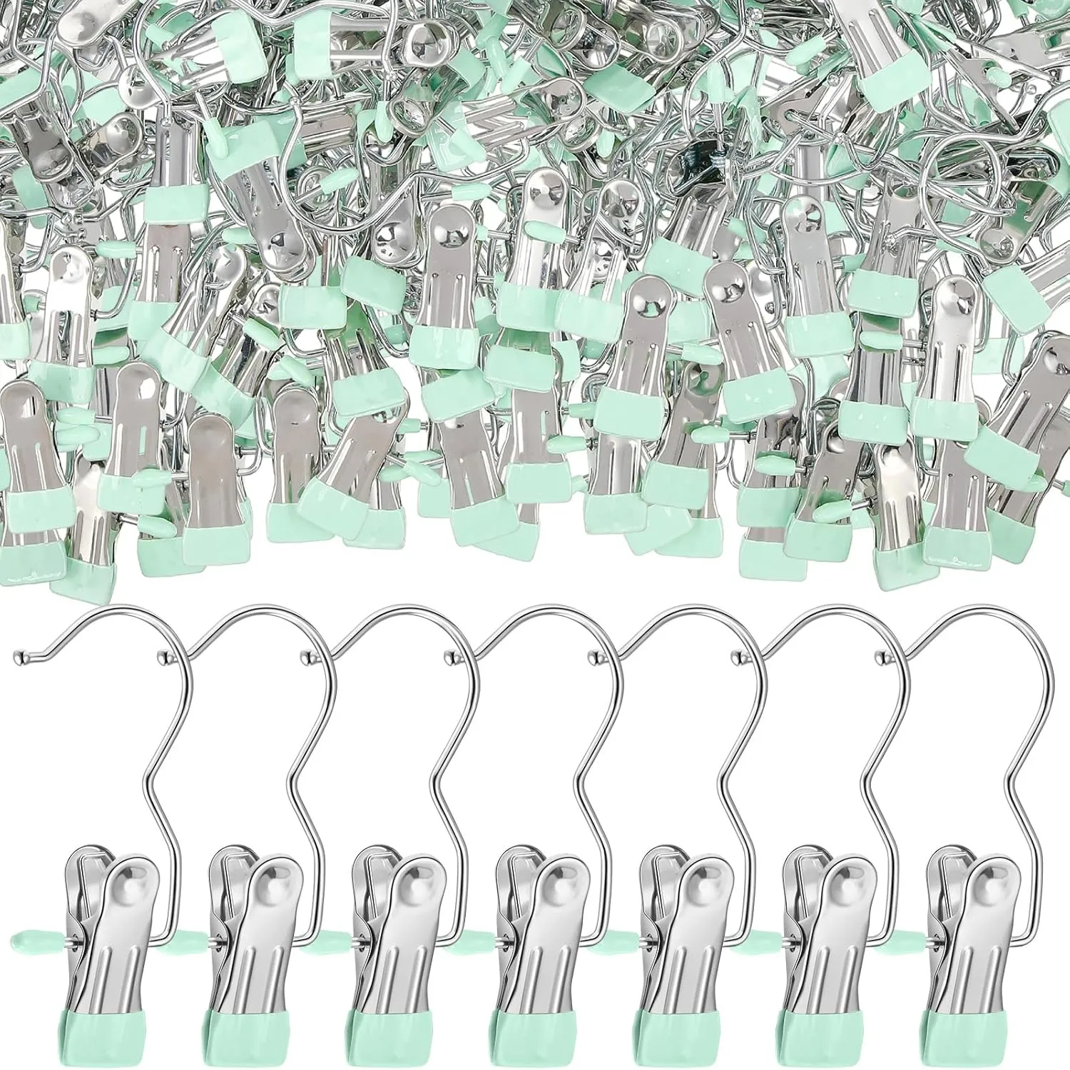 Yinder 150 Pcs Boot Hangers Clips Laundry Hooks Hanging Stainless Steel Clothes Pins Portable Clip Hangers for Closet Travel Socks Pants Handbags Hats Towels (Light Green)