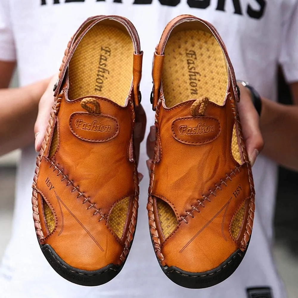 YING LAN Men's Casual Leather Fashion Sandals Closed Toe Outdoor Fisherman Hiking Shoes Lightweight Summer Water Shoes