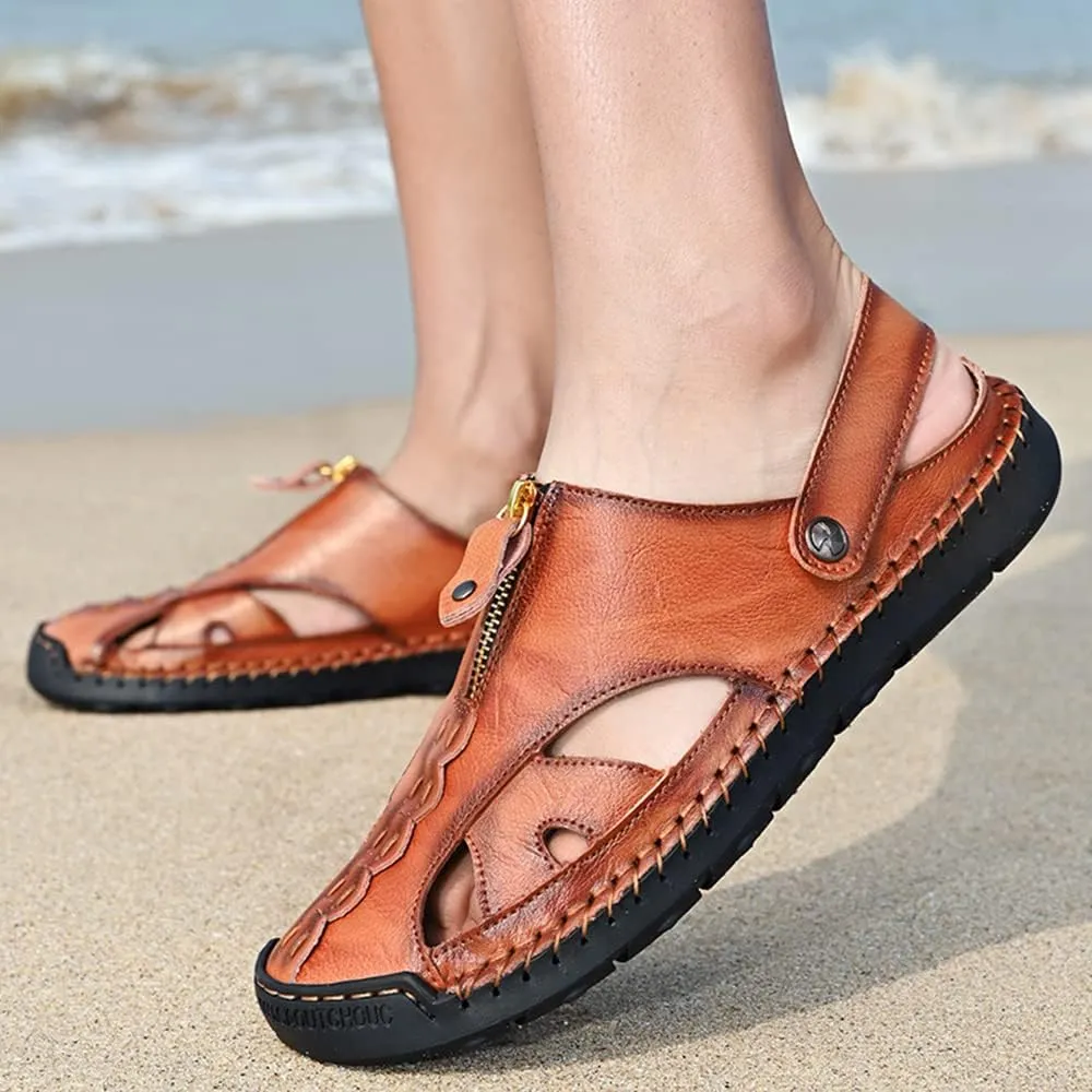 YING LAN Men's Casual Leather Fashion Sandals Closed Toe Outdoor Fisherman Hiking Shoes Lightweight Summer Water Shoes