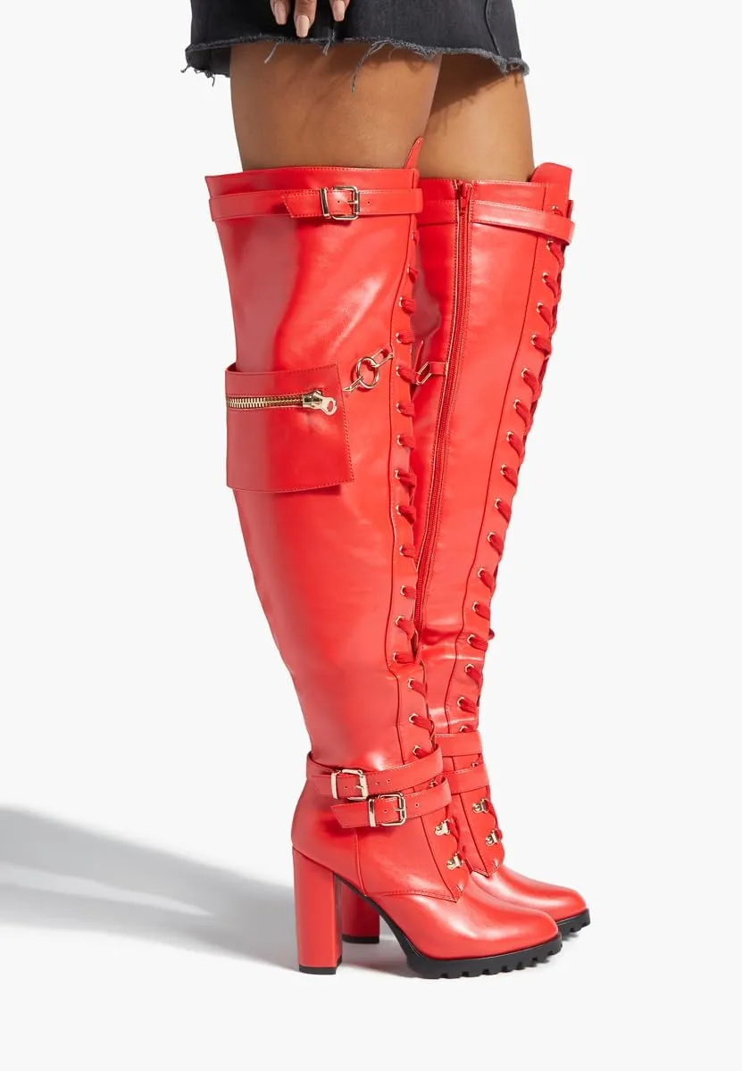 Yishaweiqi Buckle Strap Wide Calf Thigh High Boots for Women Chunky Block High Heel Over The Knee Boots Lace up Riding Combat Boots Ladies Side Zipper Tall Long Boots