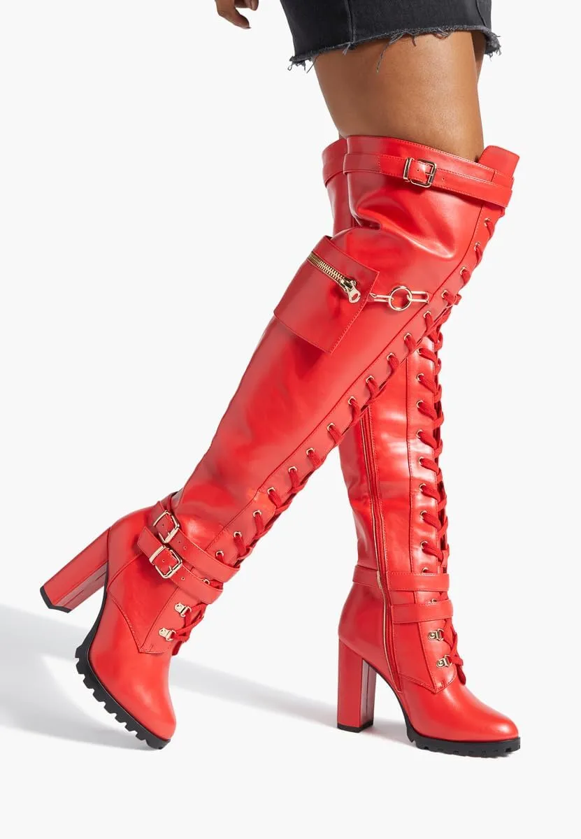 Yishaweiqi Buckle Strap Wide Calf Thigh High Boots for Women Chunky Block High Heel Over The Knee Boots Lace up Riding Combat Boots Ladies Side Zipper Tall Long Boots