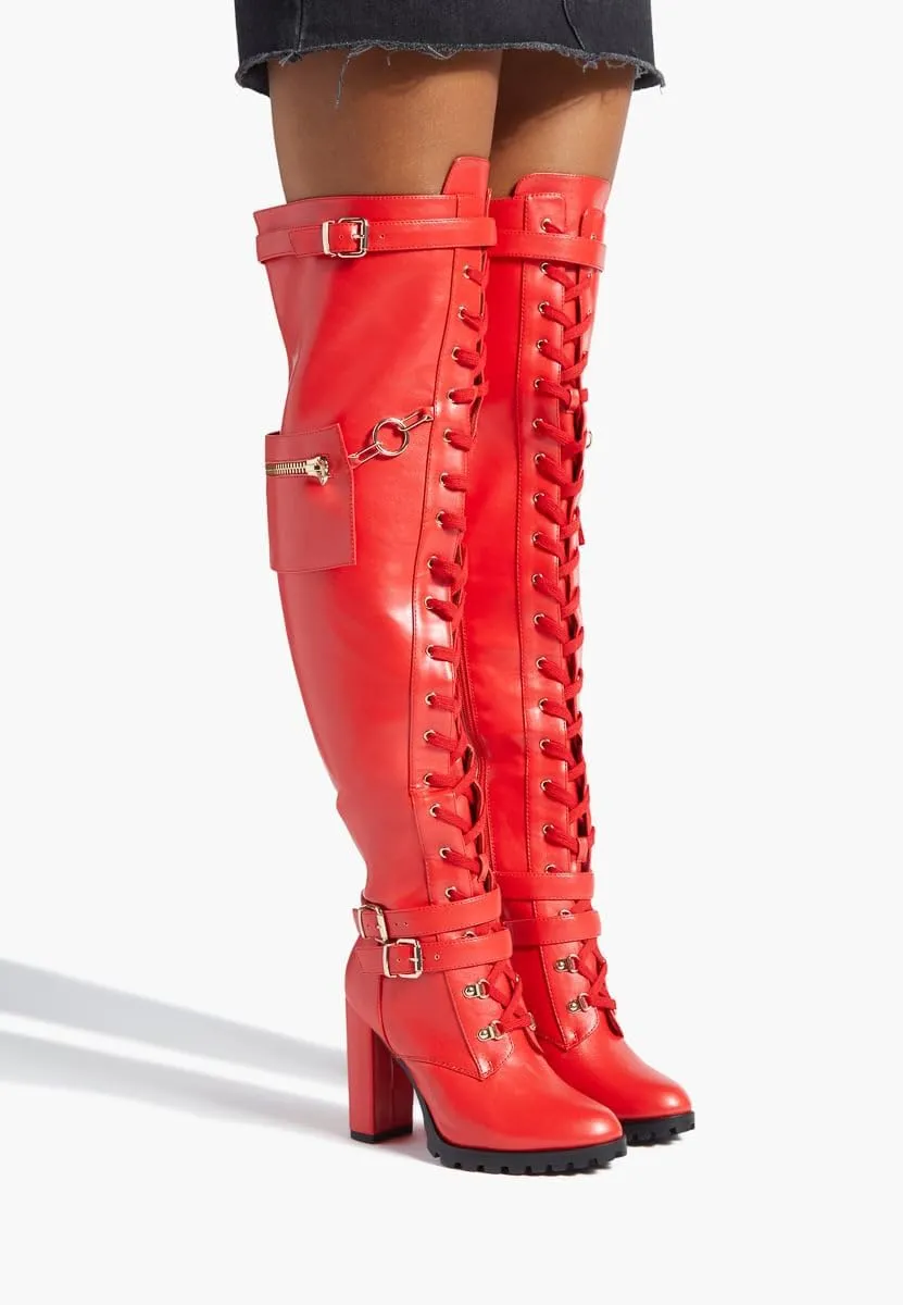 Yishaweiqi Buckle Strap Wide Calf Thigh High Boots for Women Chunky Block High Heel Over The Knee Boots Lace up Riding Combat Boots Ladies Side Zipper Tall Long Boots
