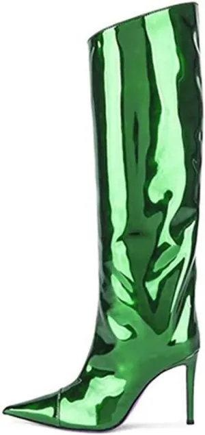 YIYA Women's Patent Leather Knee High Boots Sexy Pointed Toe Stiletto High Heels Metallic Bright Leather Side Zipper Booties Dress Shoes