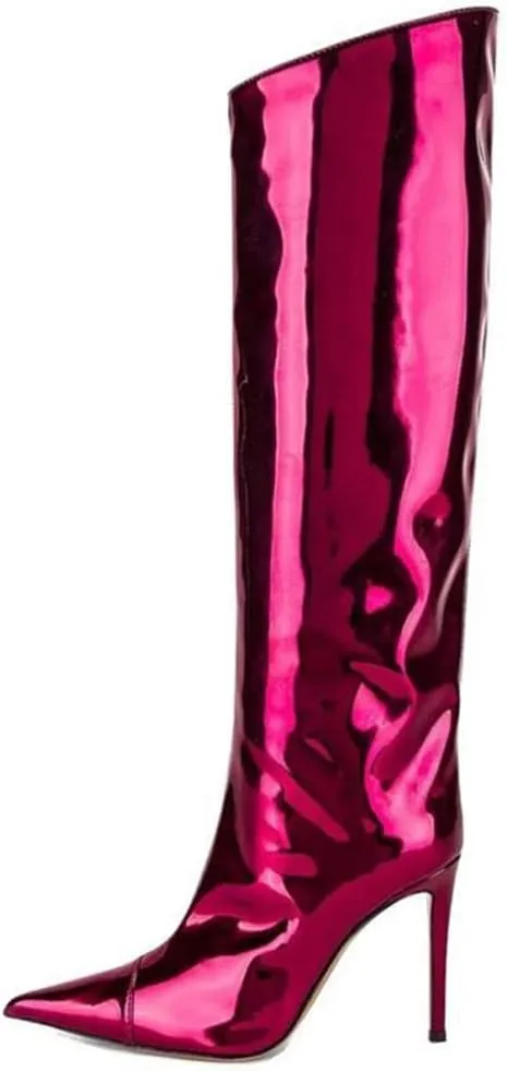 YIYA Women's Patent Leather Knee High Boots Sexy Pointed Toe Stiletto High Heels Metallic Bright Leather Side Zipper Booties Dress Shoes