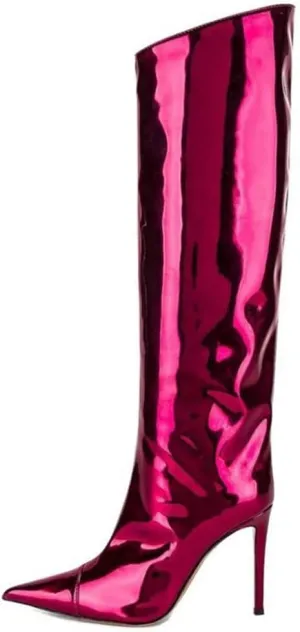 YIYA Women's Patent Leather Knee High Boots Sexy Pointed Toe Stiletto High Heels Metallic Bright Leather Side Zipper Booties Dress Shoes