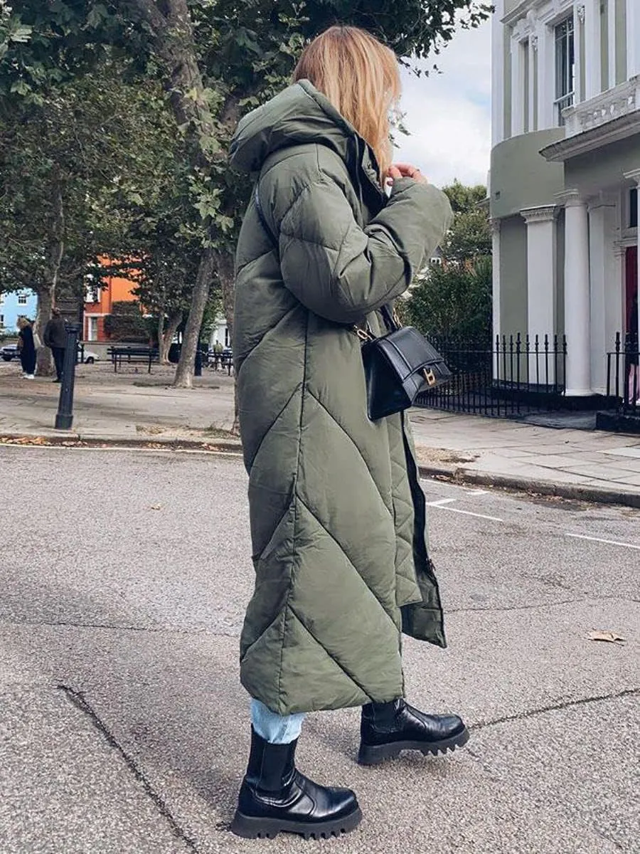 Yousify Women's Hooded Long Puffer Coat Winter Longer Thickened Down Jacket Zip Cotton Outwear