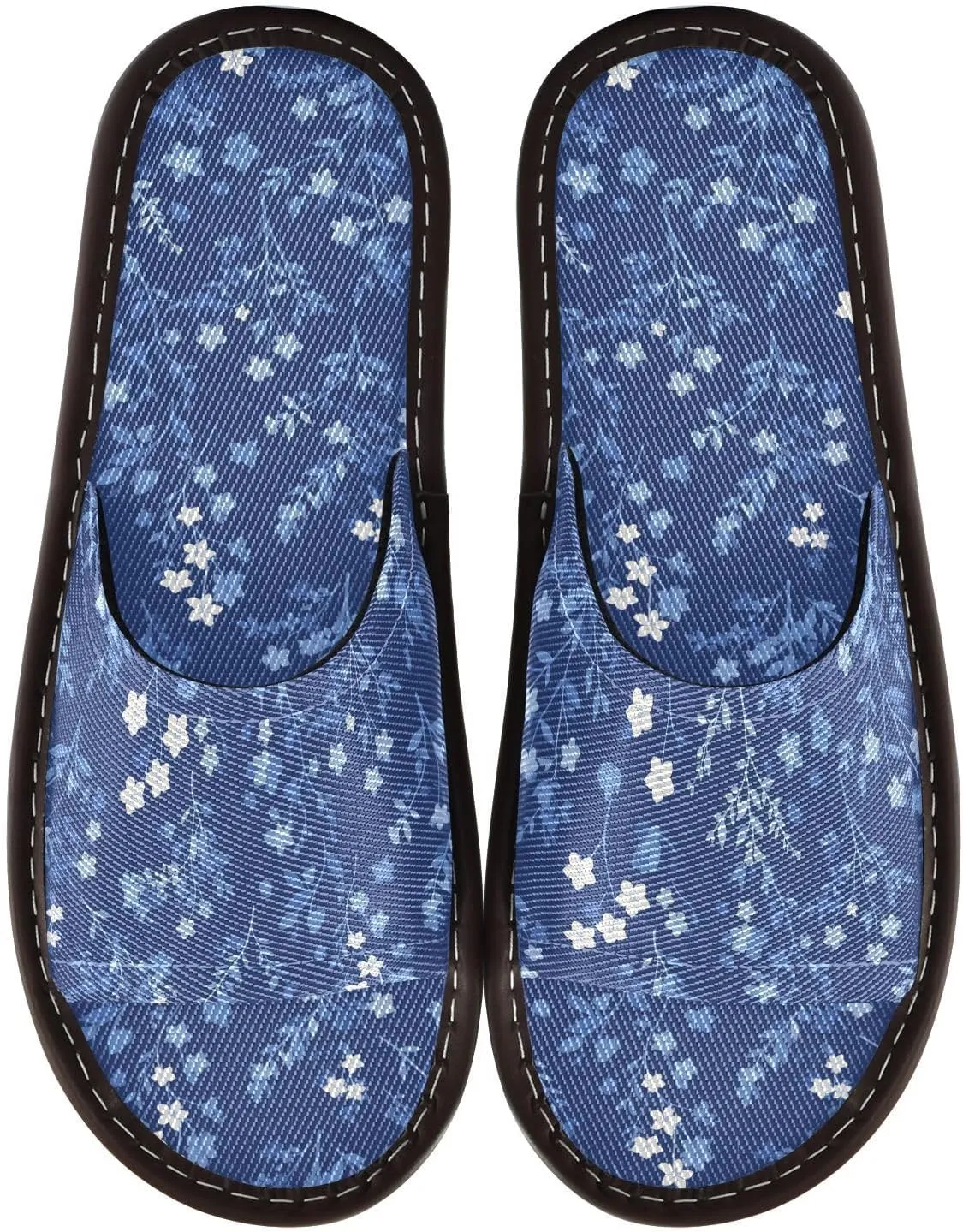 Yuiboo Cute Dark Blue Flowers Women Men's Spa Shower Slippers Reusable Slides Sandals for Beach Bedroom Hotel