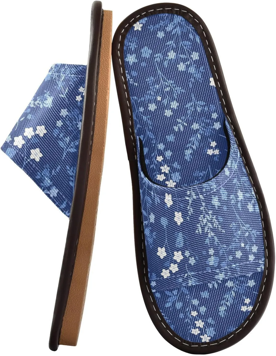 Yuiboo Cute Dark Blue Flowers Women Men's Spa Shower Slippers Reusable Slides Sandals for Beach Bedroom Hotel