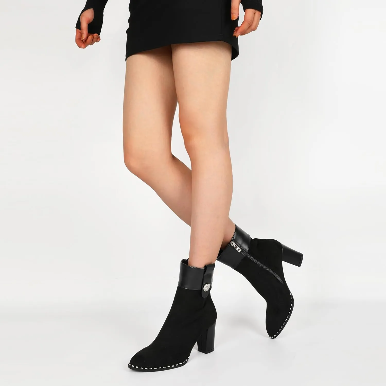 Zamikoo Women Chunky Heel Ankle Boots Round Toe Beaded Heeled Short Booties Side Zipper 3 Inches