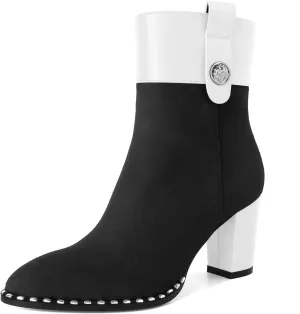 Zamikoo Women Chunky Heel Ankle Boots Round Toe Beaded Heeled Short Booties Side Zipper 3 Inches