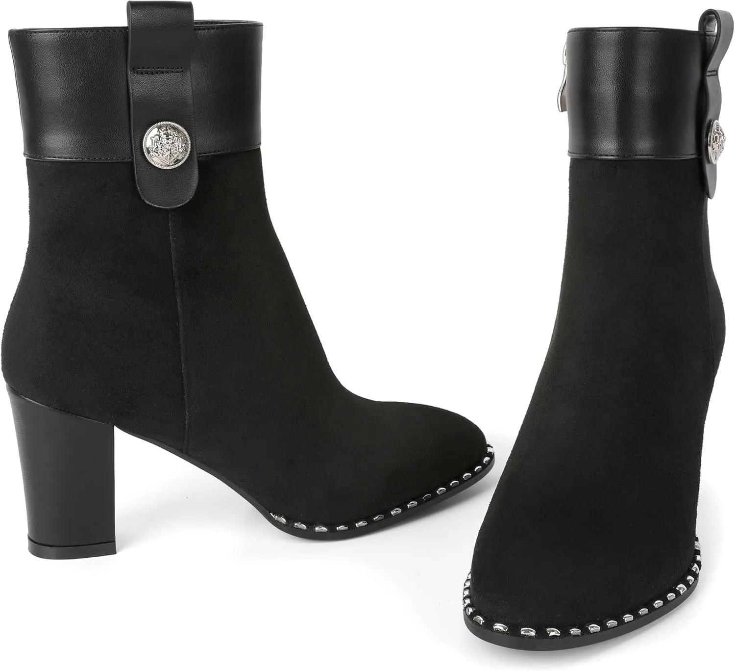 Zamikoo Women Chunky Heel Ankle Boots Round Toe Beaded Heeled Short Booties Side Zipper 3 Inches