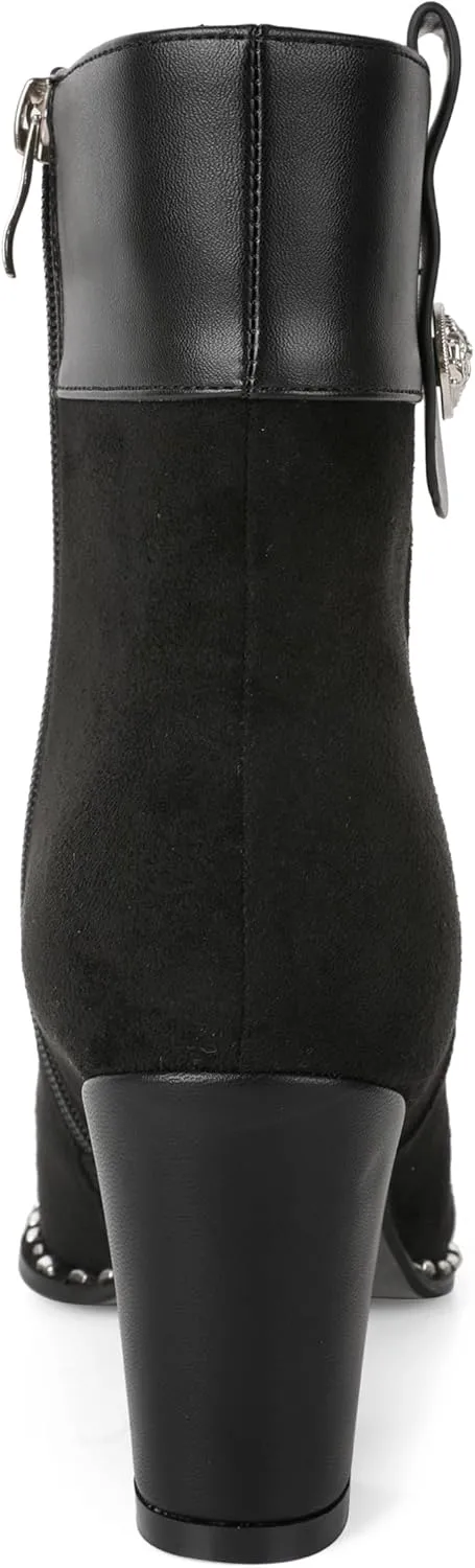 Zamikoo Women Chunky Heel Ankle Boots Round Toe Beaded Heeled Short Booties Side Zipper 3 Inches
