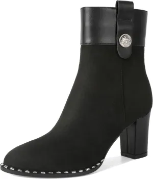 Zamikoo Women Chunky Heel Ankle Boots Round Toe Beaded Heeled Short Booties Side Zipper 3 Inches