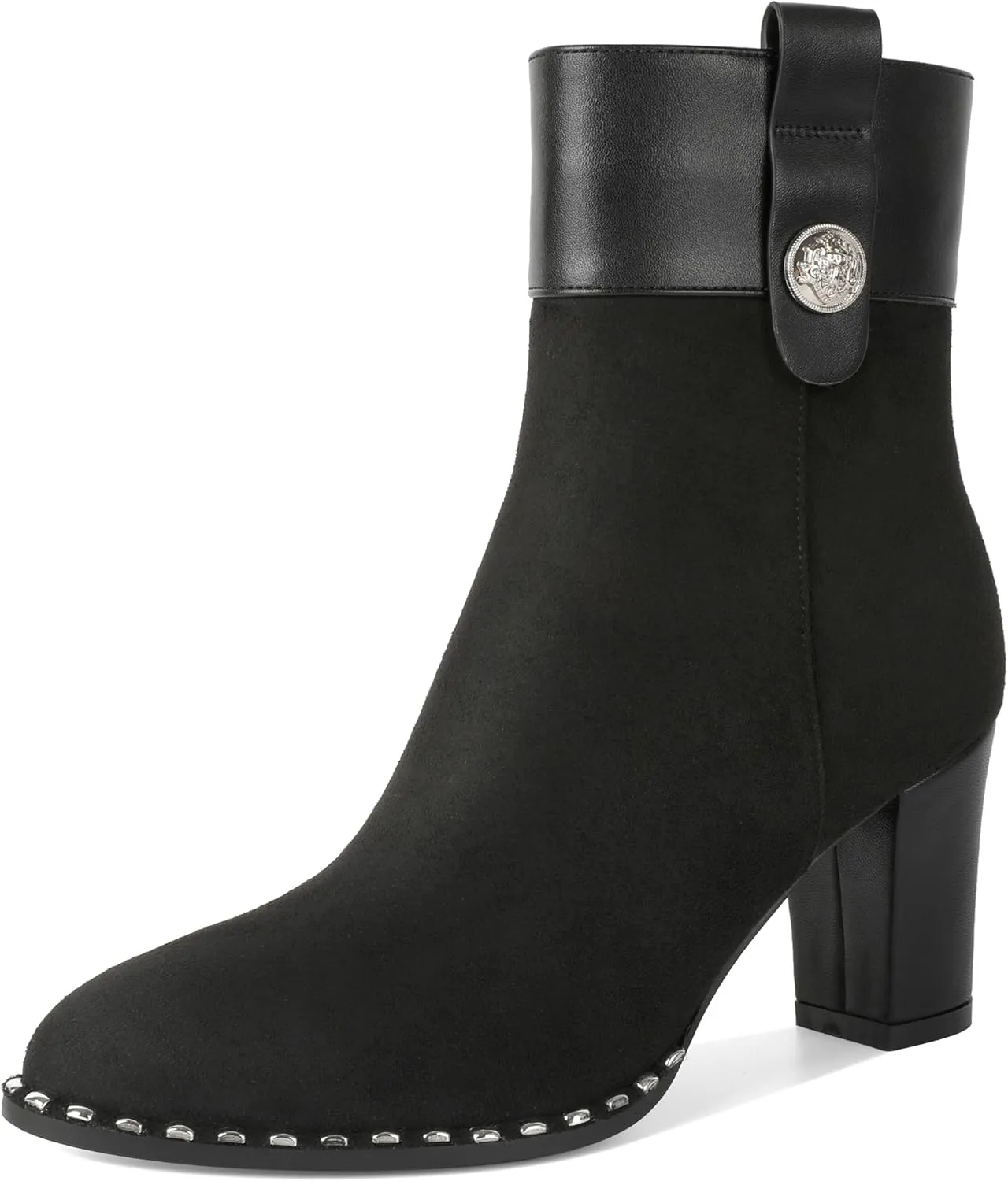 Zamikoo Women Chunky Heel Ankle Boots Round Toe Beaded Heeled Short Booties Side Zipper 3 Inches