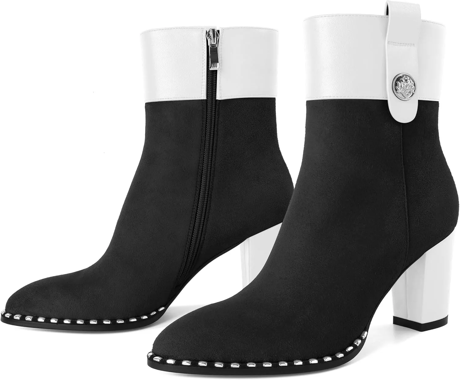 Zamikoo Women Chunky Heel Ankle Boots Round Toe Beaded Heeled Short Booties Side Zipper 3 Inches