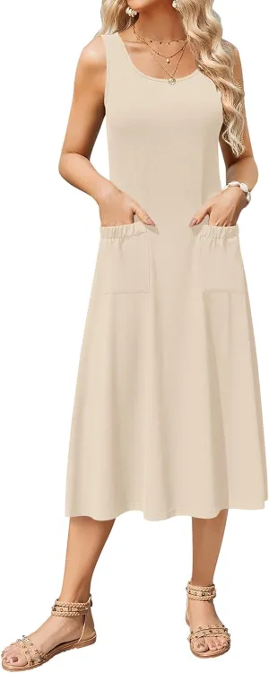 Zeagoo Women's Summer Sleeveless Dress Floral Beach Sundress Casual Crewneck High Waist A-Line Midi Tank Dresses with Pockets