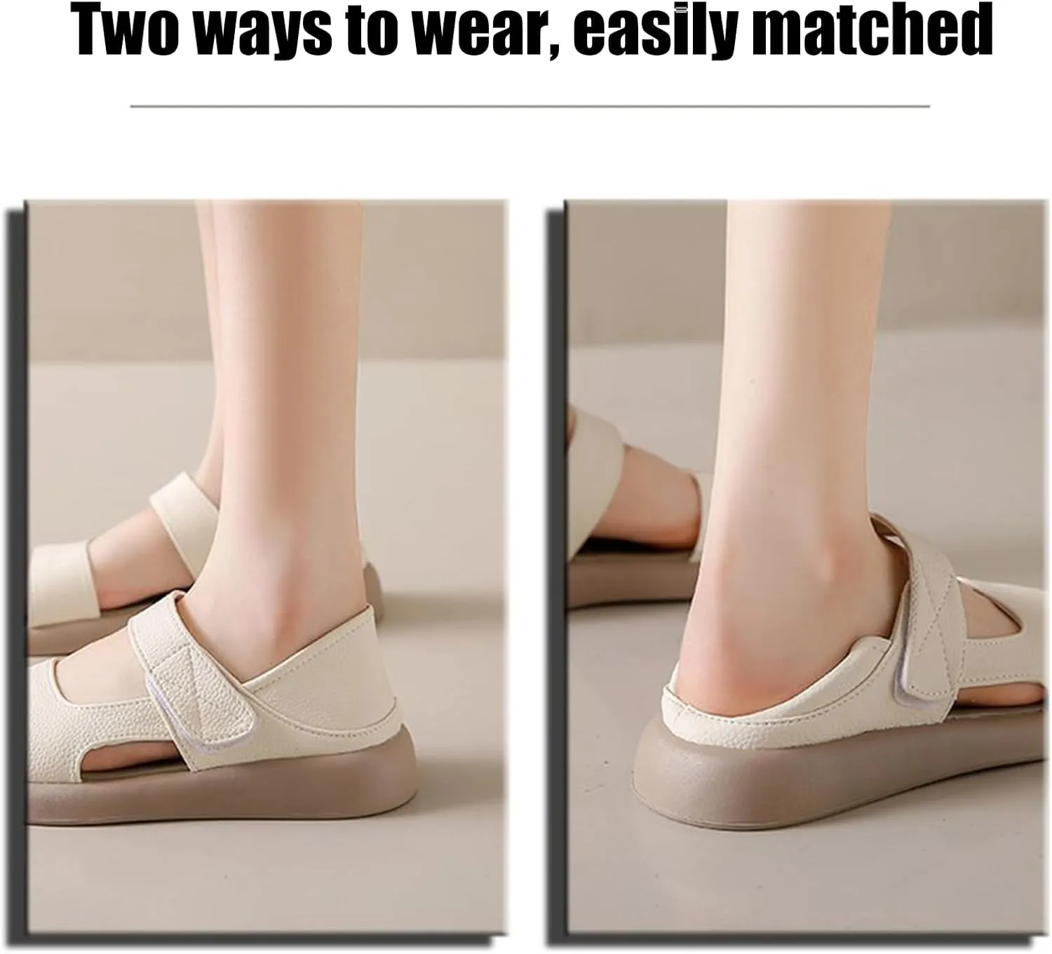 Zeberfi Women's Leather Hook & Loop Platforms Sandals Fashion Open Round Toe Soft Sole Slip On Casual Sandals Summer Comfortable Lightweight Walking Flat Sandals Shoes