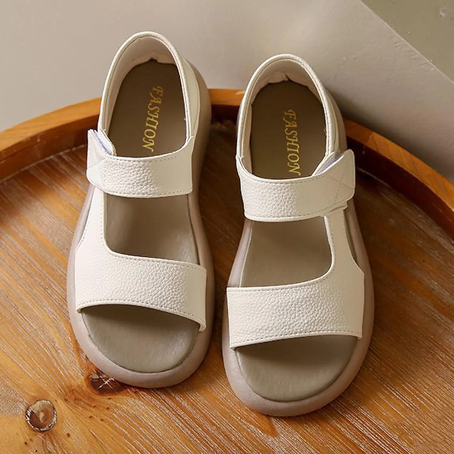 Zeberfi Women's Leather Hook & Loop Platforms Sandals Fashion Open Round Toe Soft Sole Slip On Casual Sandals Summer Comfortable Lightweight Walking Flat Sandals Shoes
