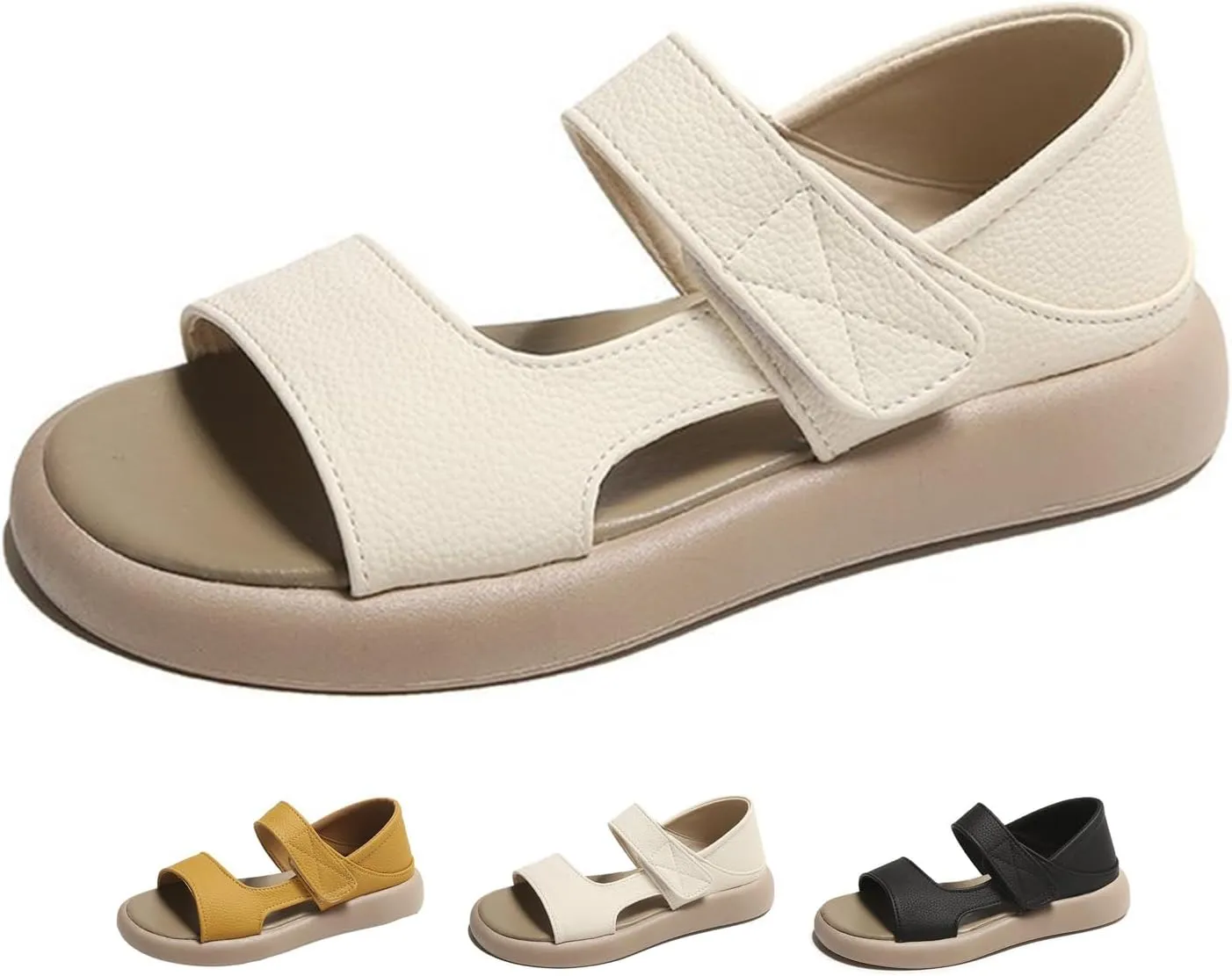 Zeberfi Women's Leather Hook & Loop Platforms Sandals Fashion Open Round Toe Soft Sole Slip On Casual Sandals Summer Comfortable Lightweight Walking Flat Sandals Shoes