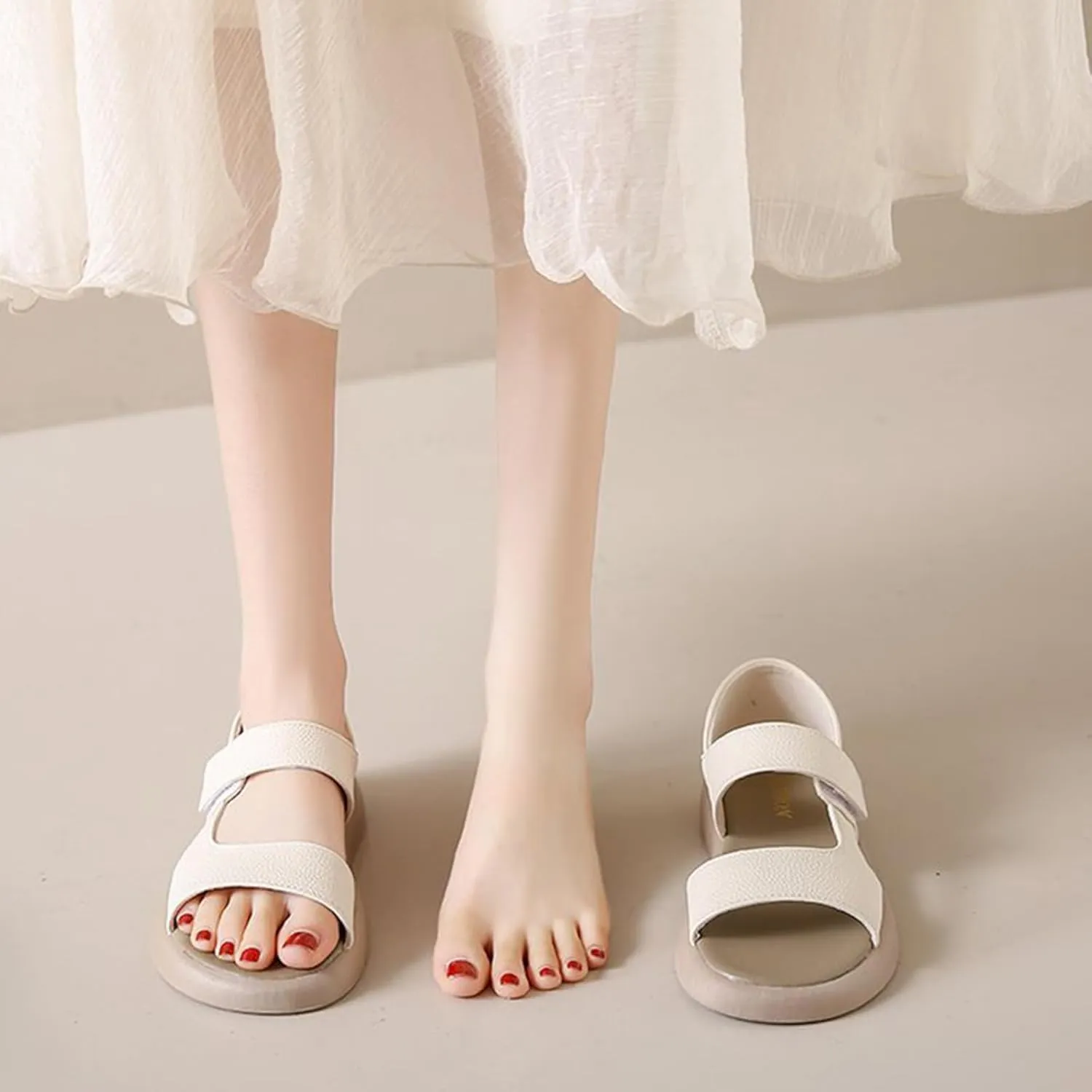 Zeberfi Women's Leather Hook & Loop Platforms Sandals Fashion Open Round Toe Soft Sole Slip On Casual Sandals Summer Comfortable Lightweight Walking Flat Sandals Shoes